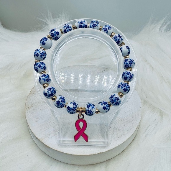 Chinese-Style Ceramic Floral Beaded Stretch Bracelet w/ Pink Breast Cancer Charm - Picture 2 of 5